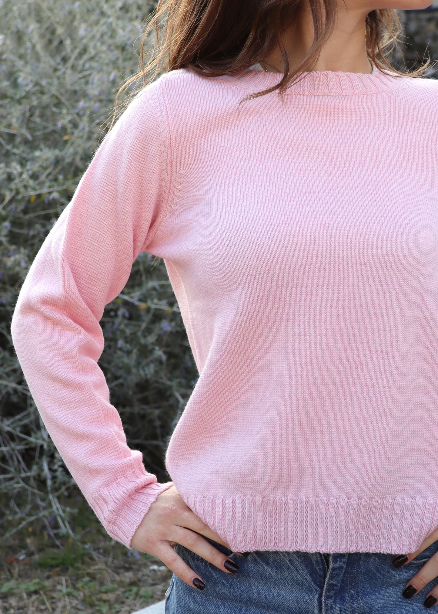 Maglione con scollo rotondo a coste - lana Merino