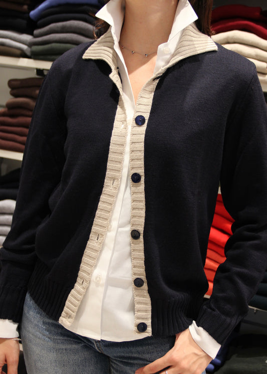 Cardigan colletto a coste BICOLOR - lana Merino
