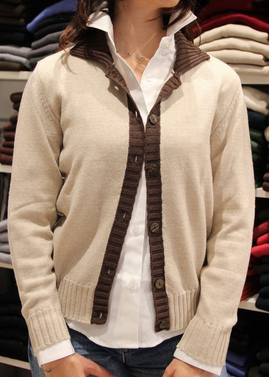 Cardigan colletto a coste BICOLOR - lana Merino