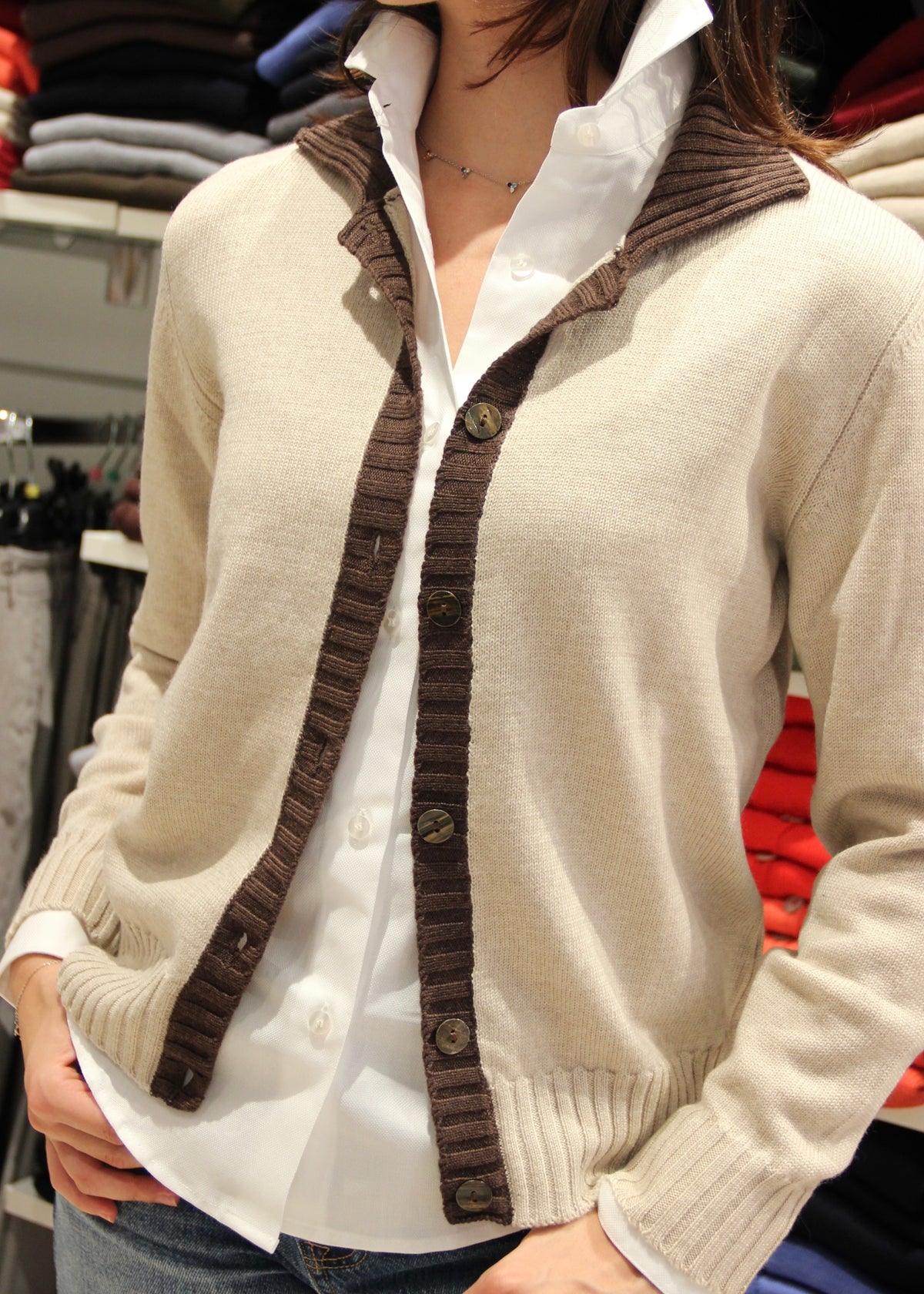 Cardigan colletto a coste BICOLOR - lana Merino